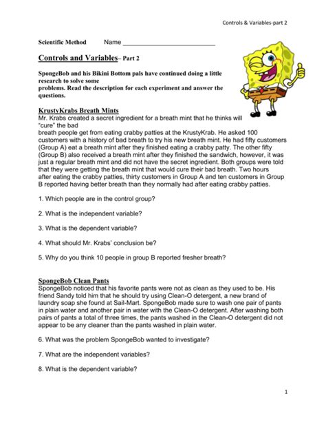 Spongebob Variables Worksheet | Free Worksheets Samples